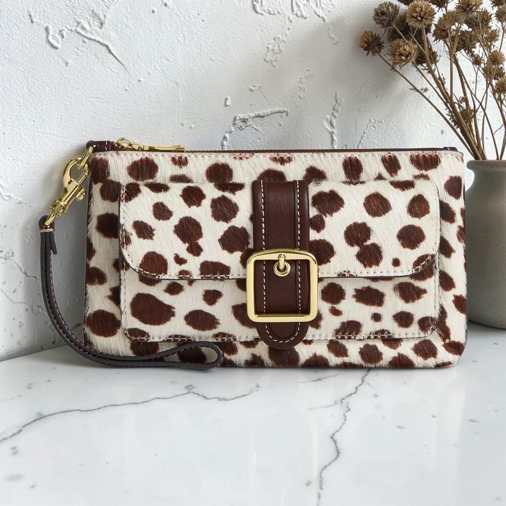 Coach Ashton Wristlet In Haircalf Gold/Dark Brown Chalk Cheetah Print CEN13 NWT